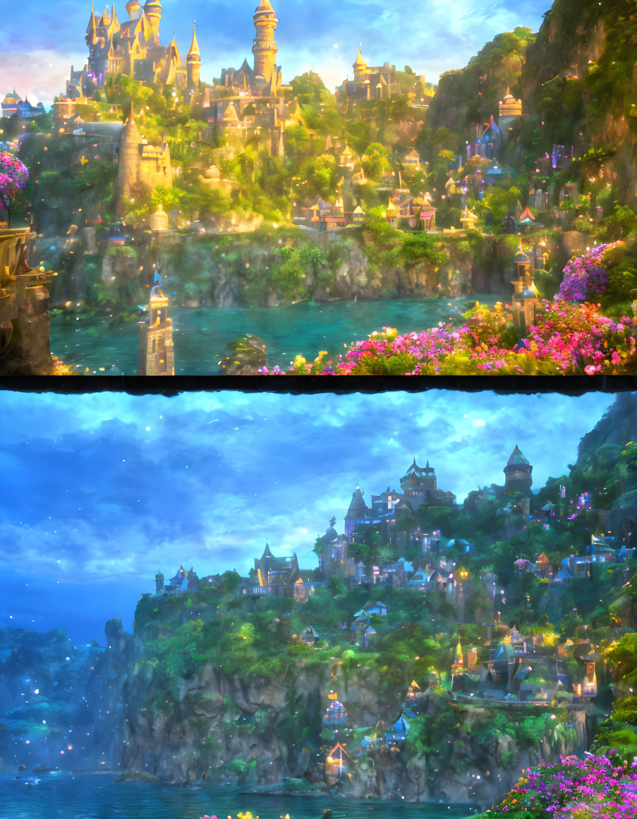 Vibrant fantasy kingdom with castles on cliffs in day and dusk scenes