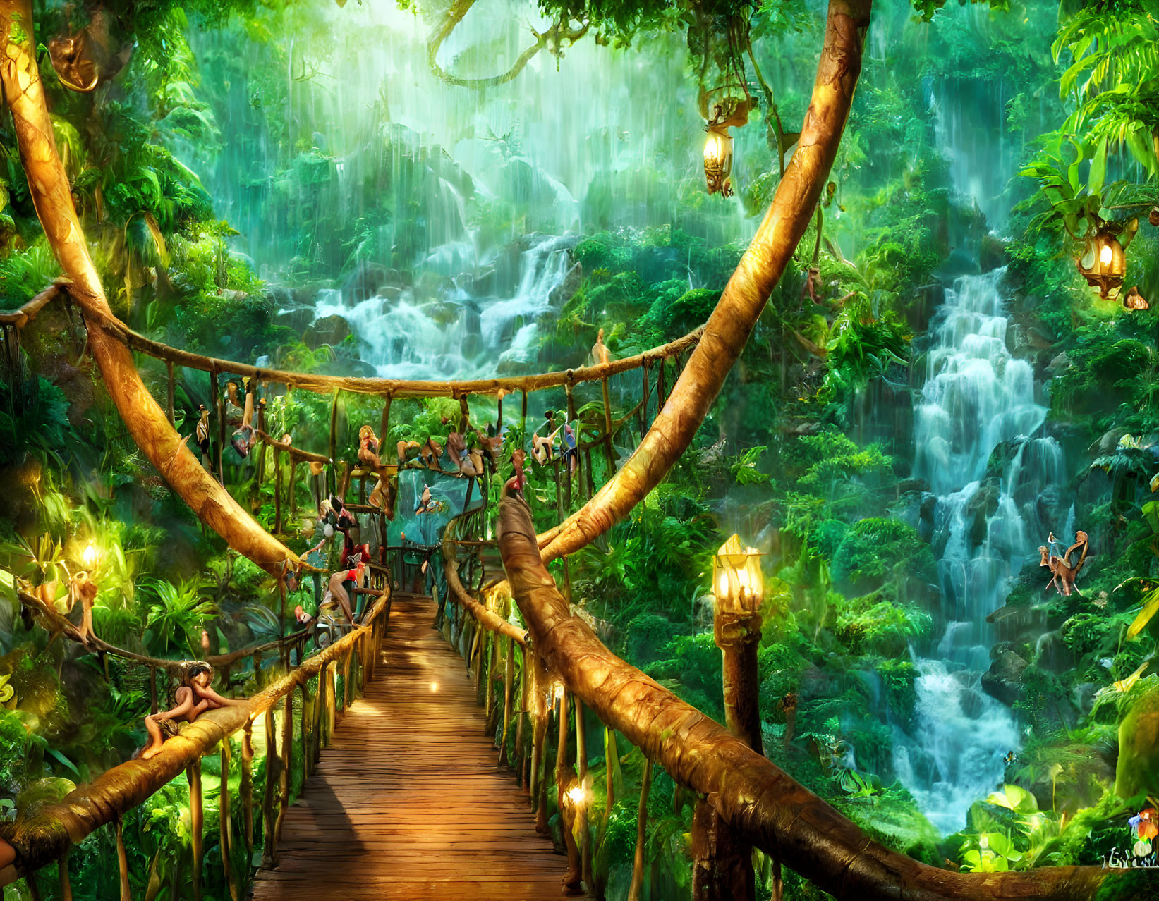 Colorful Jungle Scene with Suspended Bridge and Fantastical Creatures