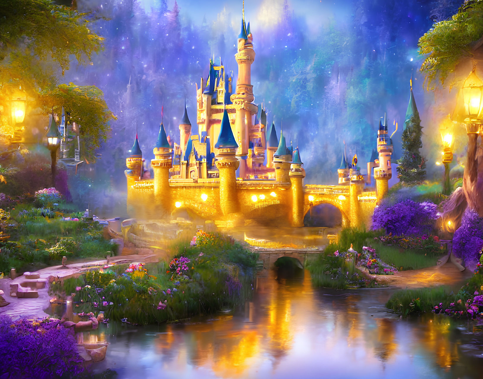 Enchanted castle with illuminated towers in magical forest by serene river