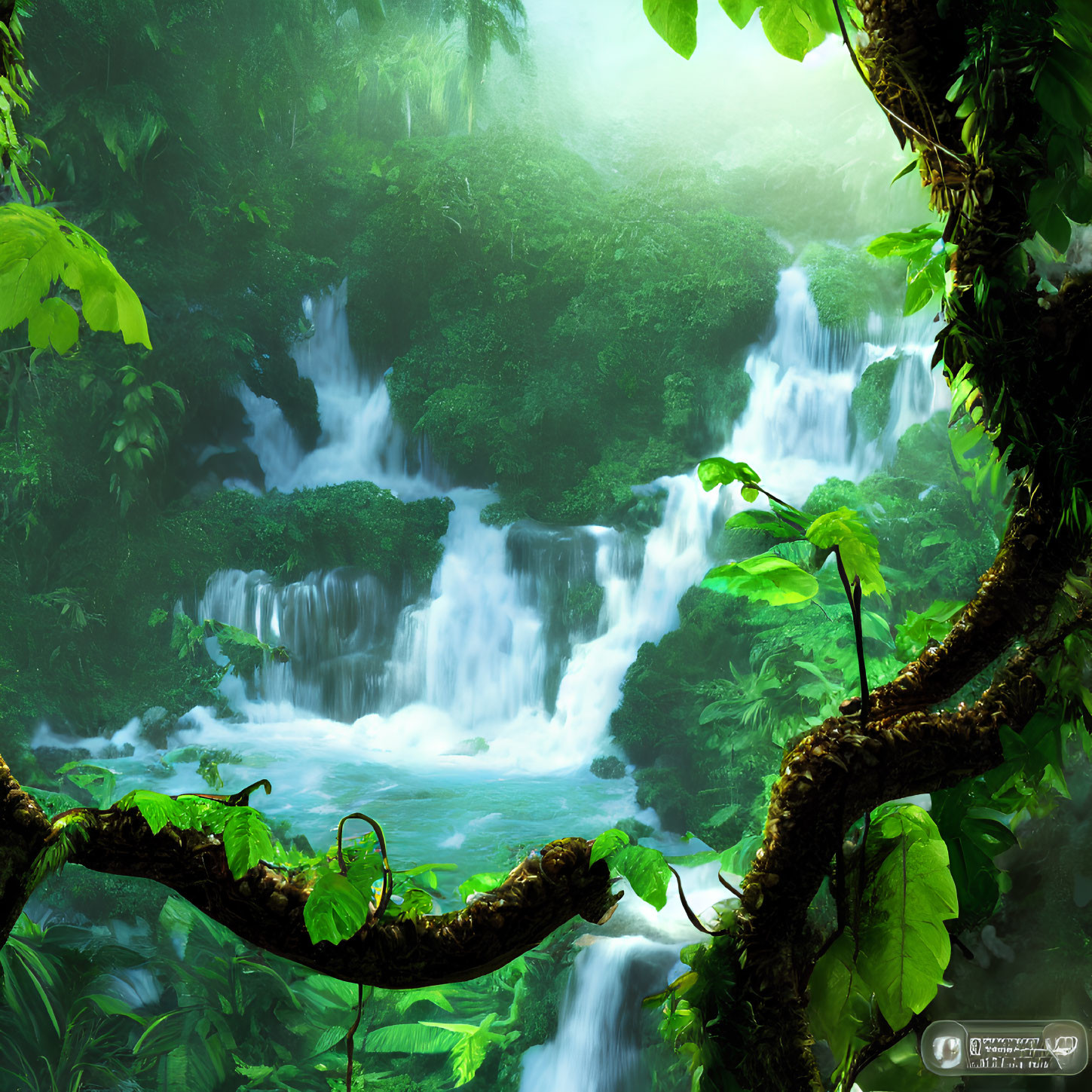 Verdant forest with mist-covered waterfalls and lush foliage