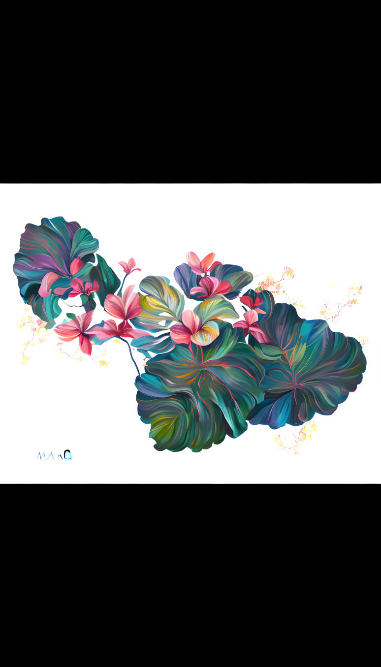 Colorful digital artwork: Tropical flowers and foliage in map-like shape