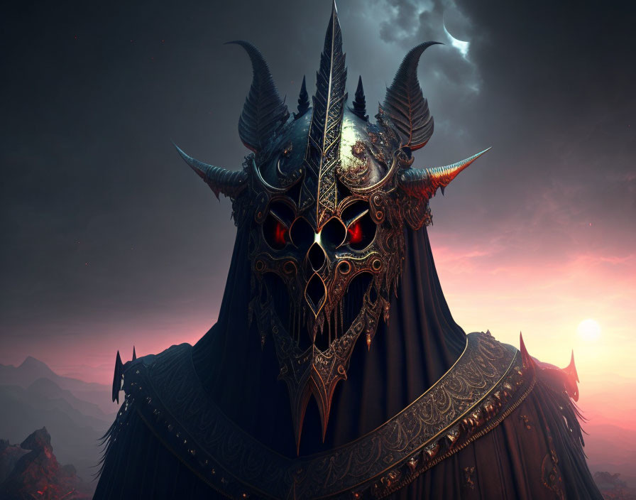 Dark fantasy artwork: Figure in ornate horned helmet under crescent moon