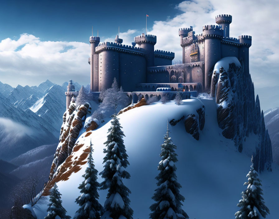 Snowy Hill Castle with Pine Trees and Mountain Backdrop