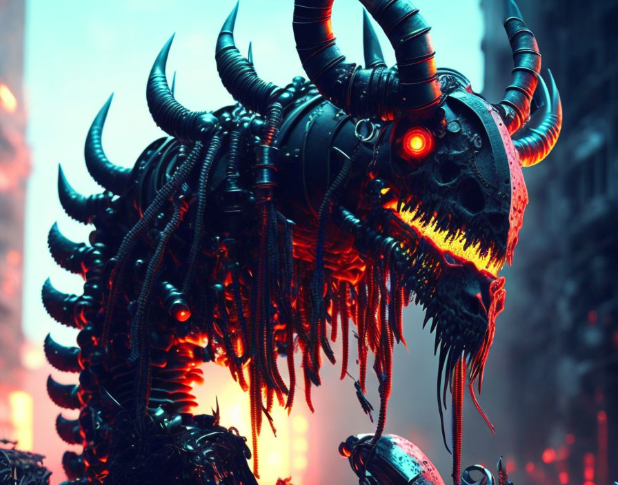 Menacing robotic creature with glowing red eyes and sharp horns in neon-lit cityscape