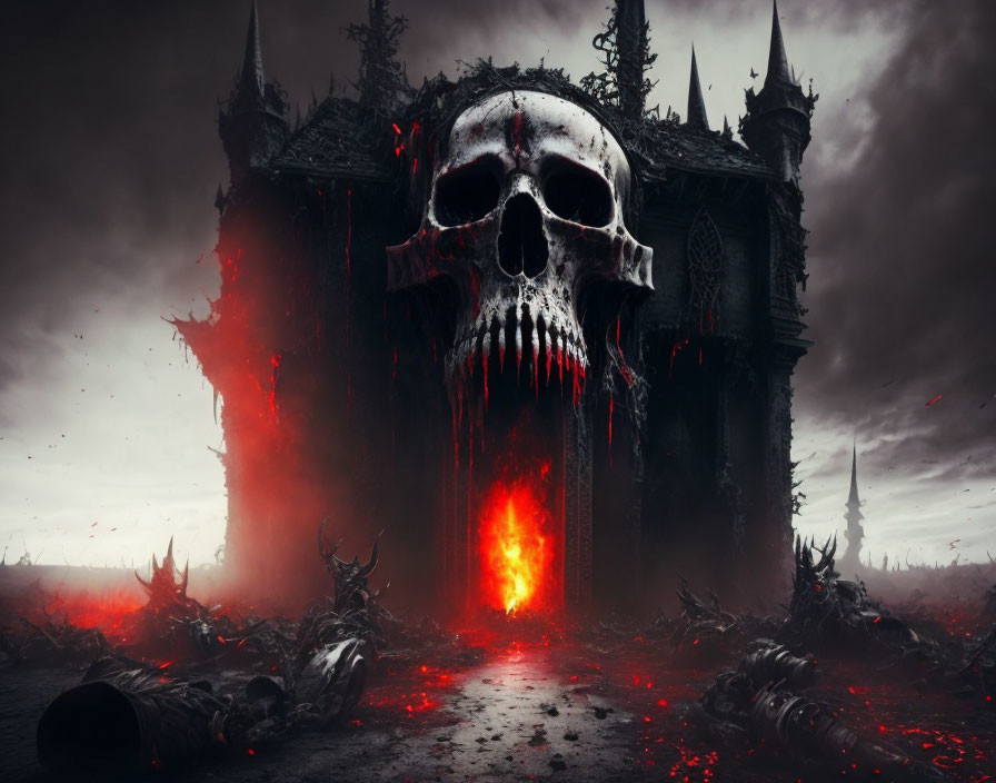 Gothic cathedral with skull, red portal, helmets, and bones in dark landscape