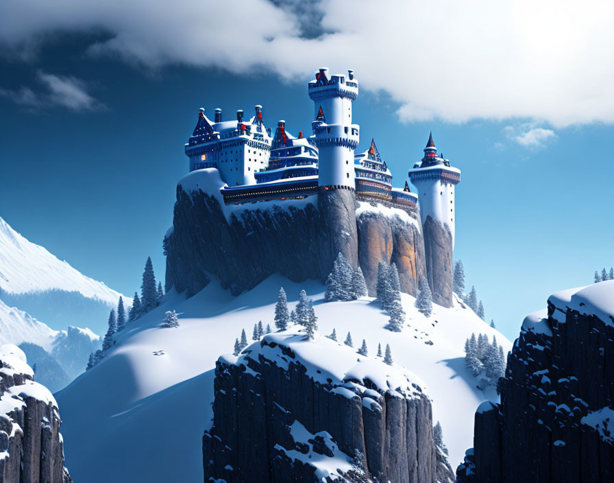 Castle on Snowy Mountain Cliff Amid Pine Trees & Blue Sky