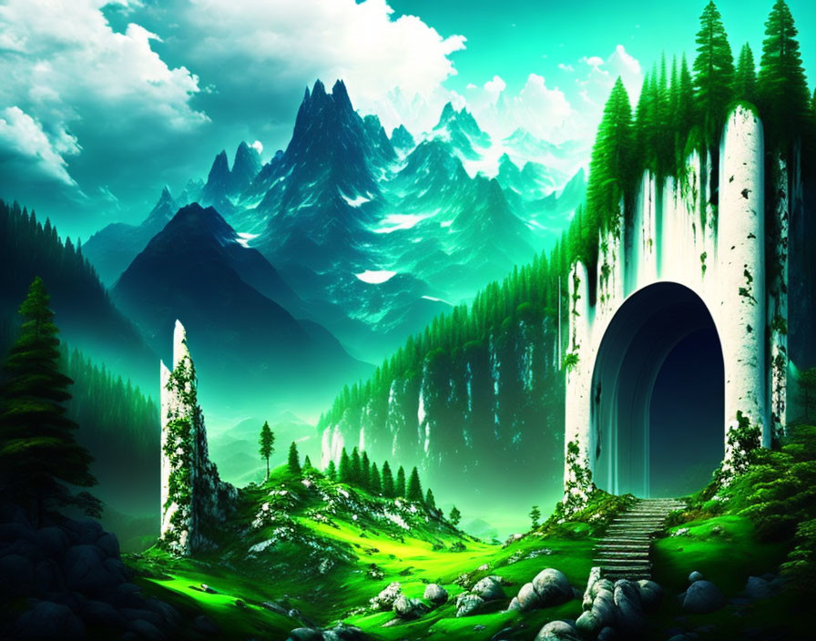 Fantastical landscape with giant cliff doorway, lush greenery, towering mountains, vibrant sky.