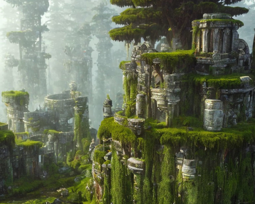 Moss-covered ancient stone ruins in misty forest