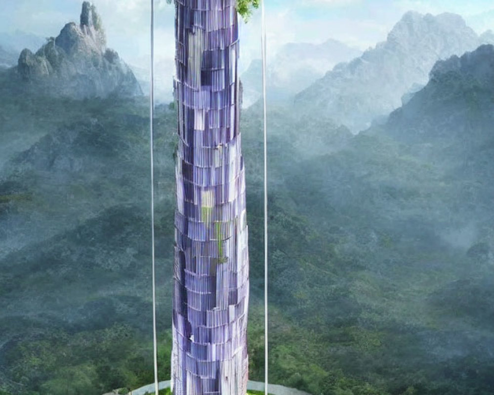 Modern skyscraper with vertical forest, greenery, and mountains under clear sky