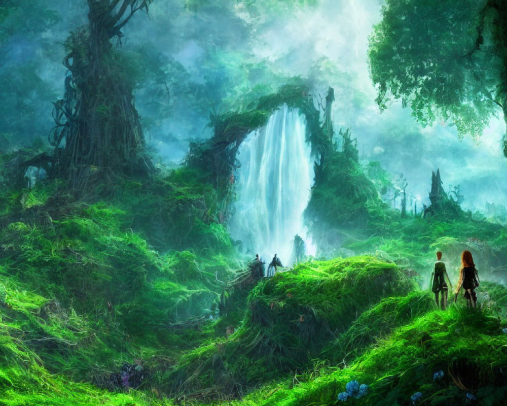 Mystical waterfall scene with two individuals in lush greenery