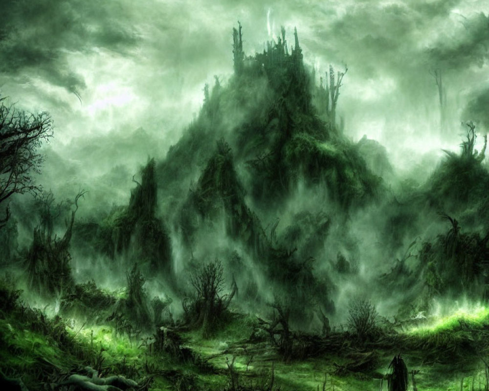 Eerie green landscape with twisted trees and castle in stormy sky