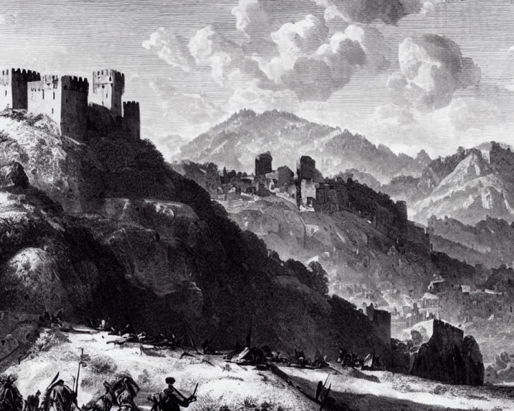 Detailed engraving of soldiers marching to castle in rugged hills