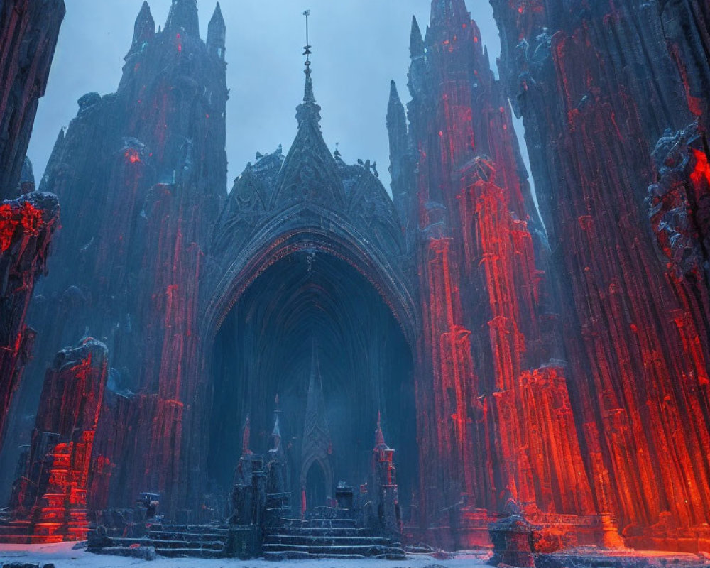 Gothic Cathedral Entrance in Red Light Snowy Twilight