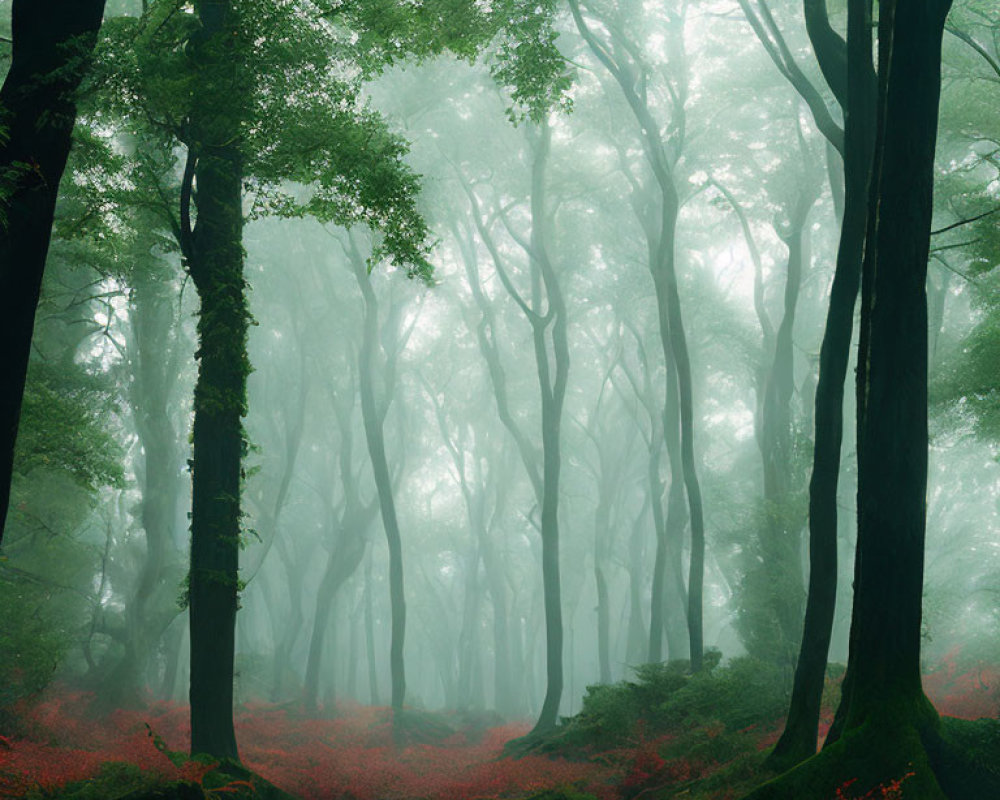 Lush Green Forest with Towering Trees and Red Foliage Ground