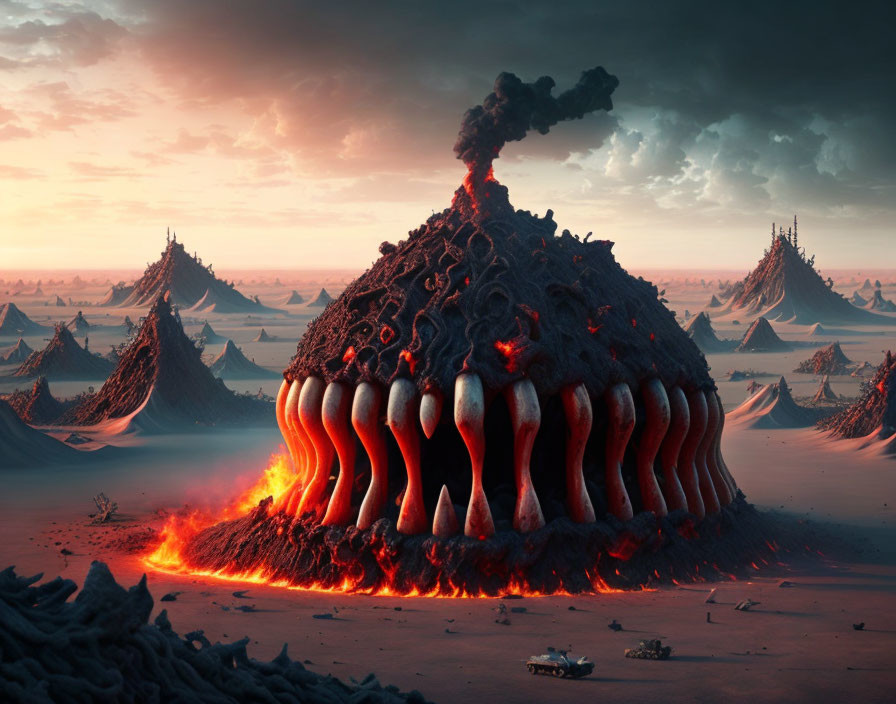 Surreal landscape with molten structure and elephant tusks in orange sky