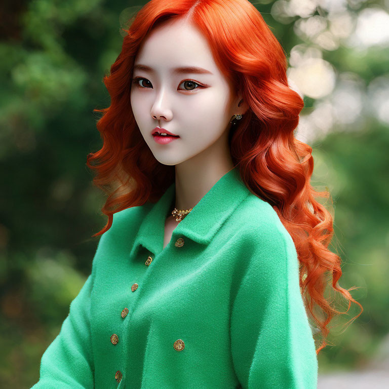 Bright orange hair woman in green coat with golden buttons against blurred natural backdrop