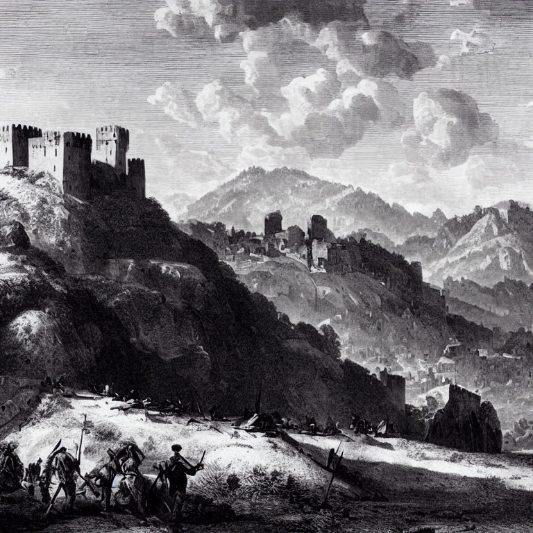 Detailed engraving of soldiers marching to castle in rugged hills