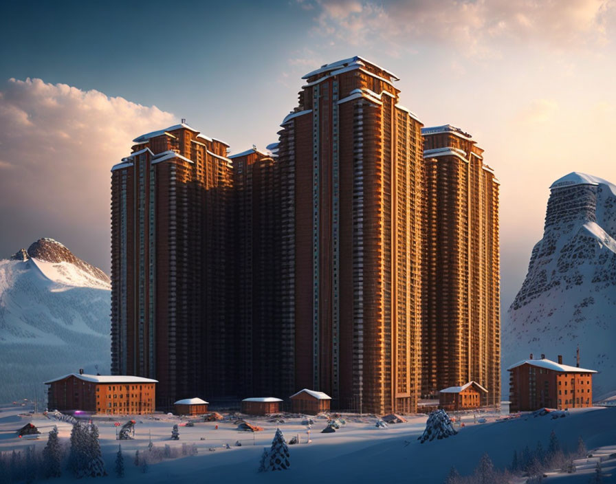 Multi-story building in snowy landscape with mountains and dusky sky