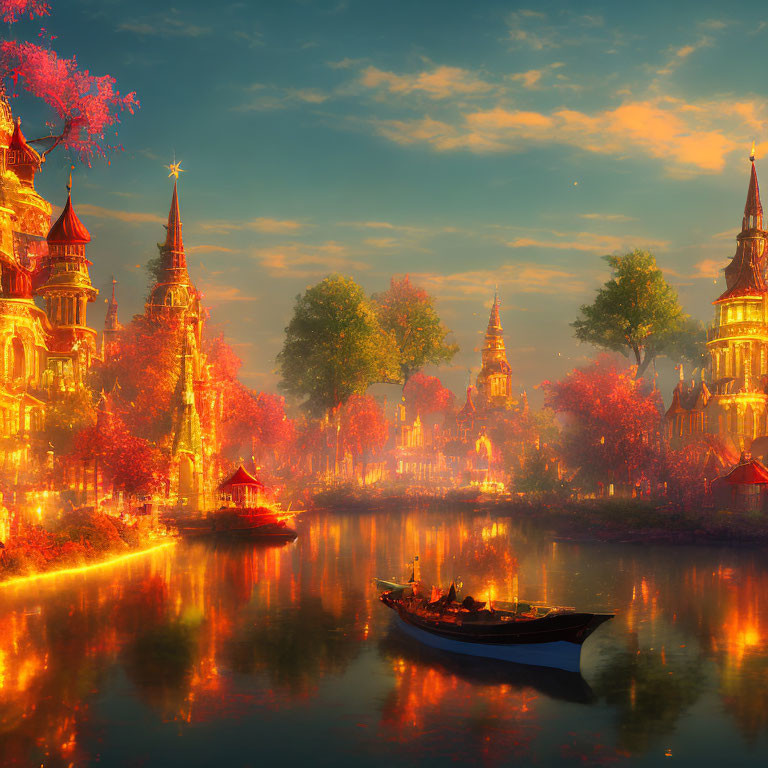 Fantastical cityscape: Tranquil boat on river, glowing trees, towered buildings at sunset