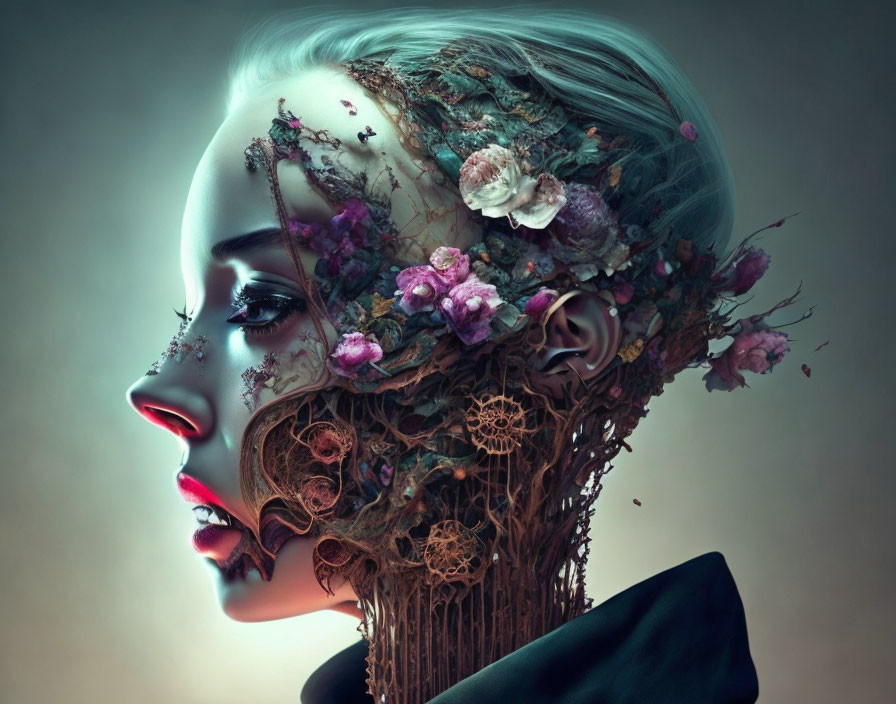 Digital artwork: Woman's profile with half floral, half mechanical transformation