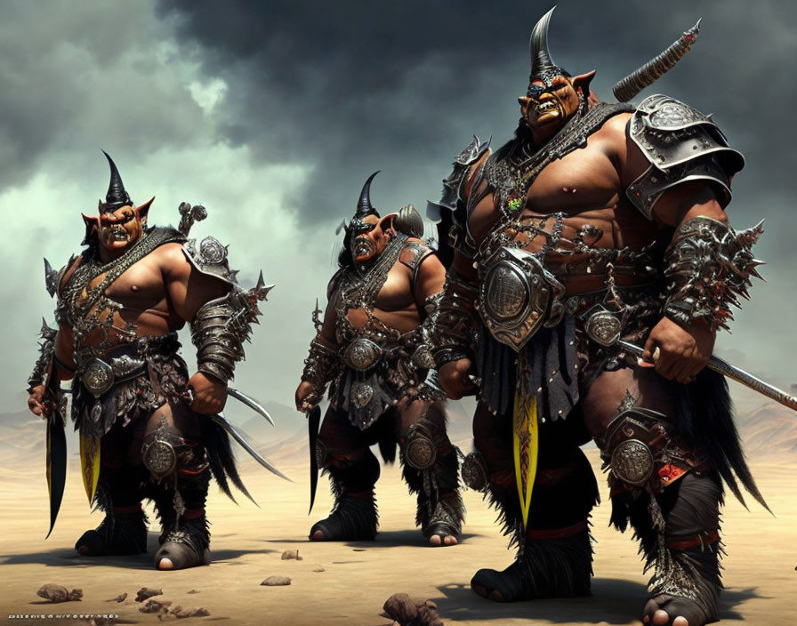 Three heavily armored orc warriors under a cloudy sky.