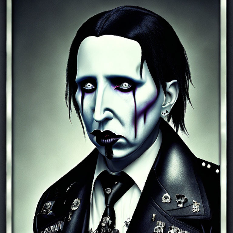 Stylized portrait of person with pale skin, dark makeup, black hair, and decorated jacket