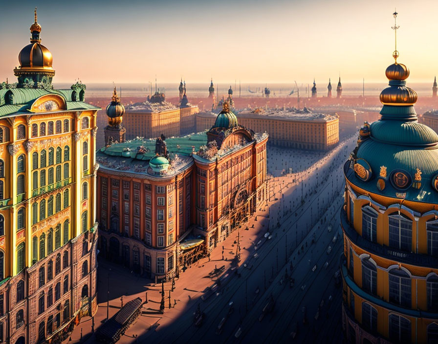 Historic European Square with Ornate Buildings in Warm Sunlight