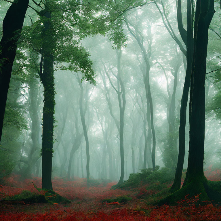 Lush Green Forest with Towering Trees and Red Foliage Ground