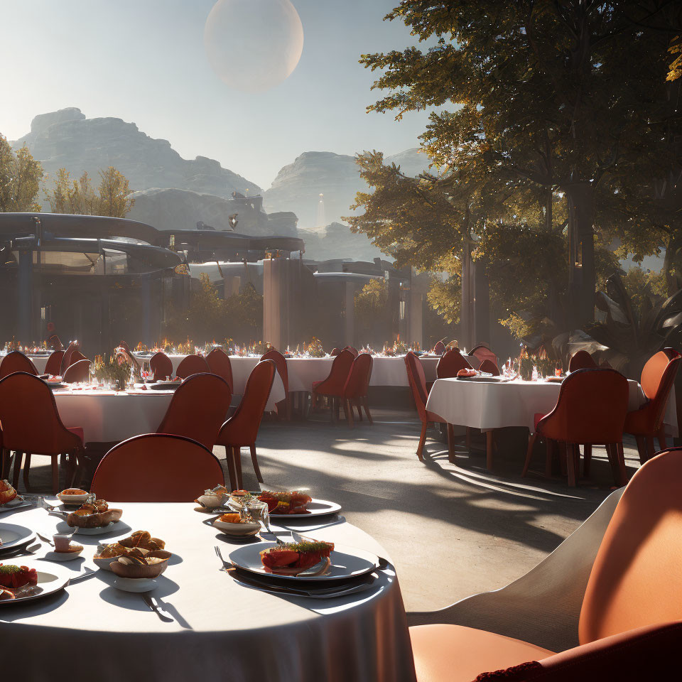 Elegant outdoor dining scene with white tablecloths, red chairs, plates of food, trees,