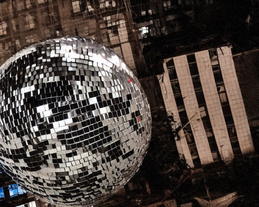 Urban landscape with large disco ball reflecting city lights