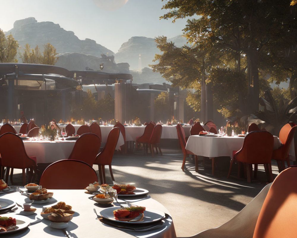 Elegant outdoor dining scene with white tablecloths, red chairs, plates of food, trees,