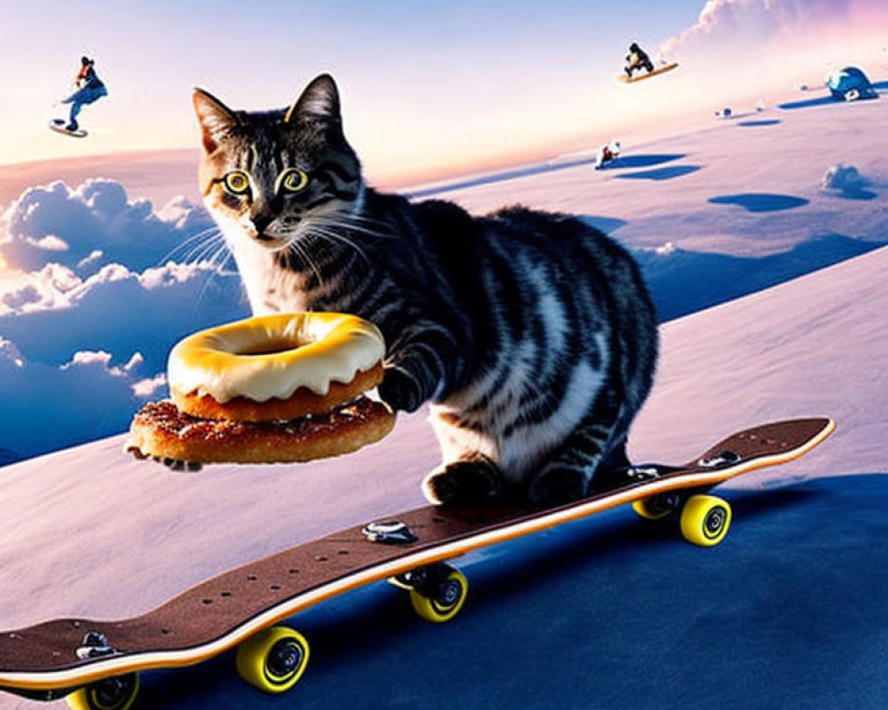 Skateboarding cats with donut in twilight scene