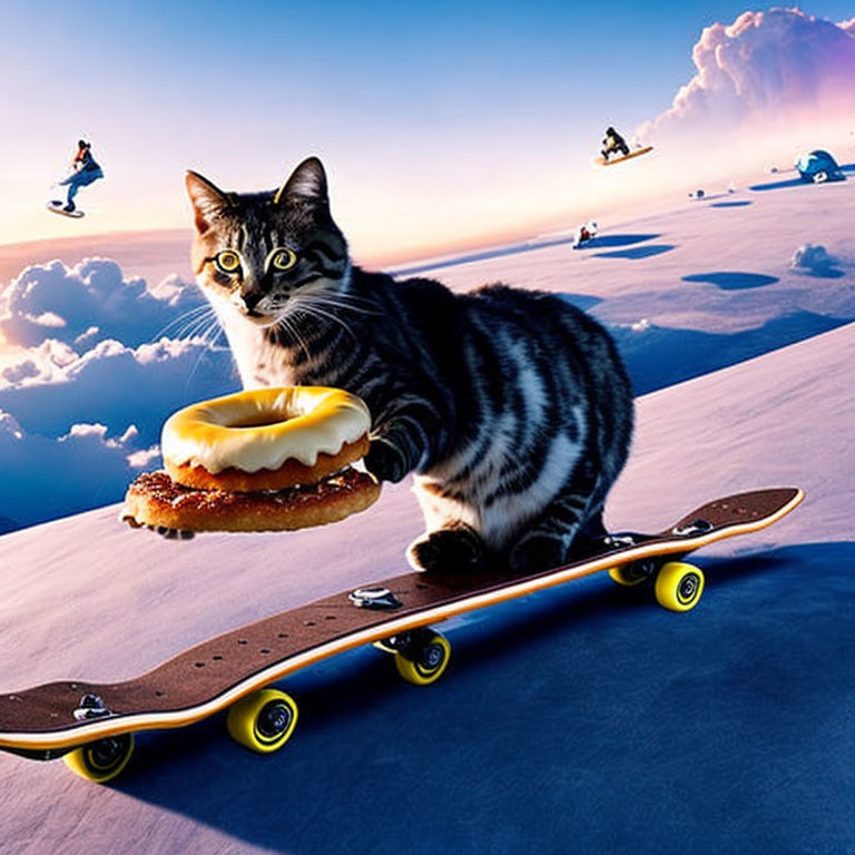 Skateboarding cats with donut in twilight scene