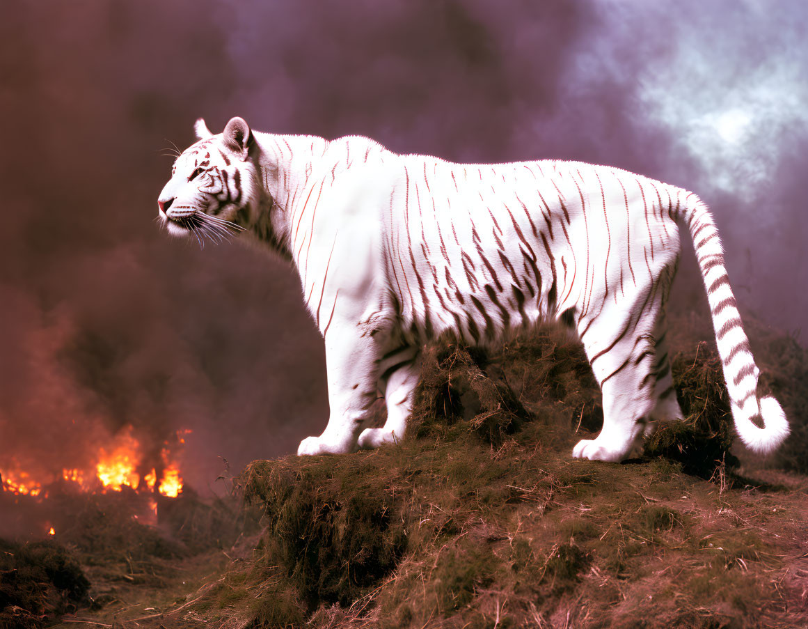 White Tiger Standing on Grass Hill with Fiery Sky