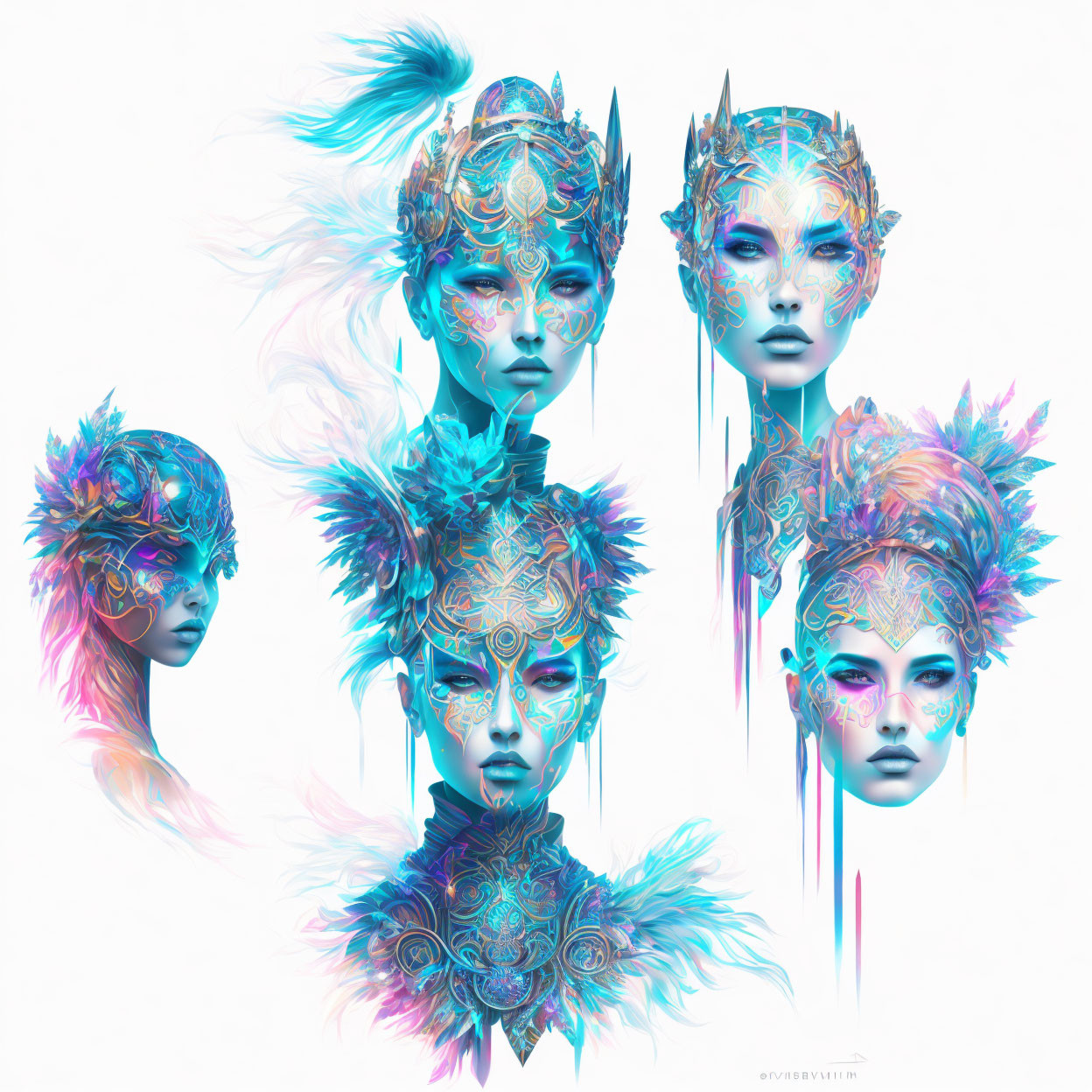 Digital Artwork: Collage of Five Stylized Female Faces with Fantasy Headdresses in Blue,