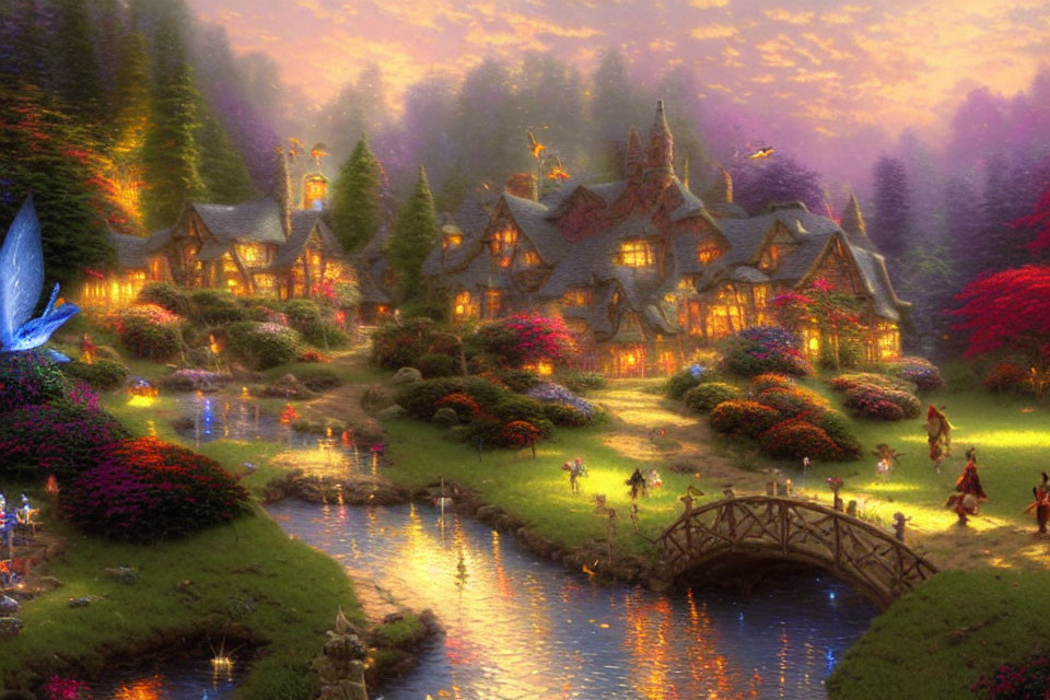 Fantasy village with quaint houses, vibrant flora, gentle river, luminous butterfly