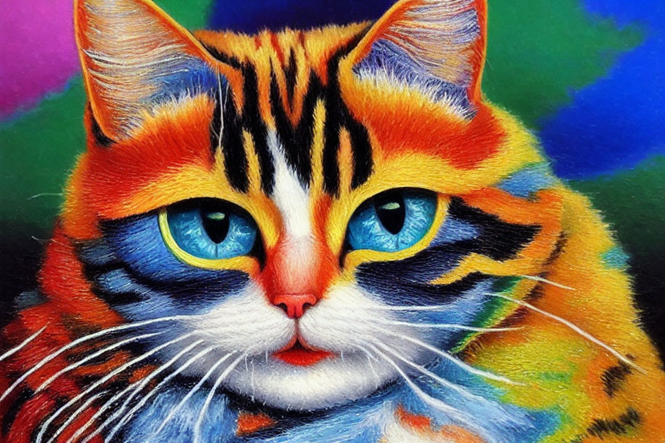 Colorful Painting of Cat with Striking Blue Eyes and Multi-Colored Fur