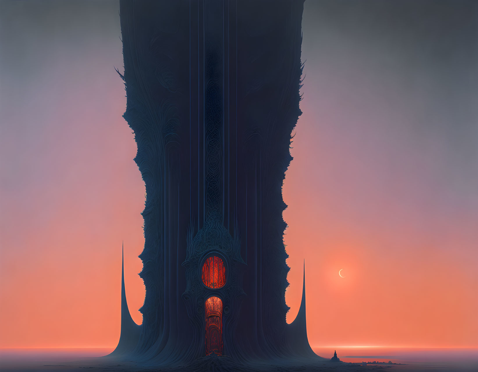 Massive alien tower against orange sunset and crescent moon