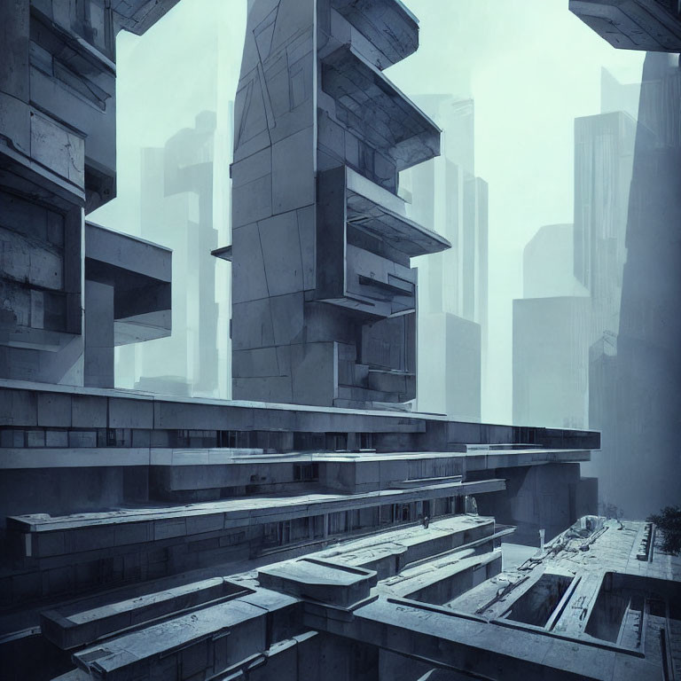 Futuristic cityscape with geometric skyscrapers in misty blue atmosphere