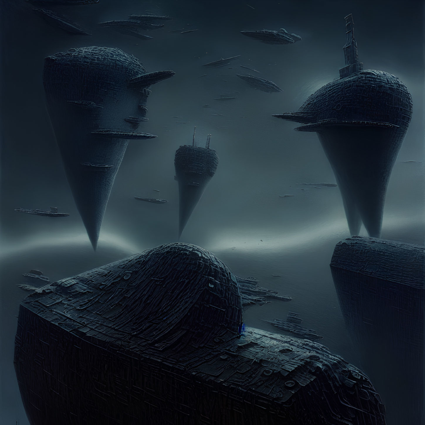 Futuristic cityscape with floating towers above spaceship and smaller vessels