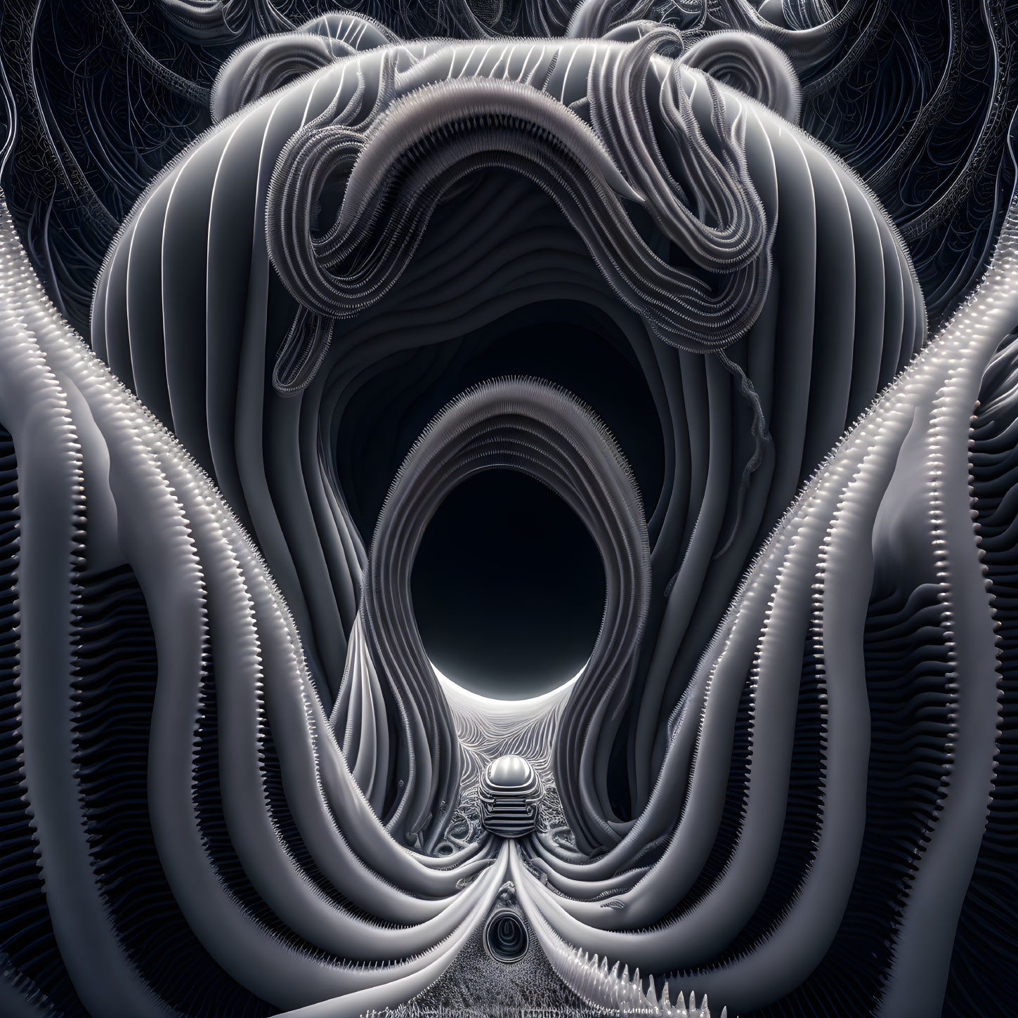 Intricate surreal fractal landscape with central void against dark background