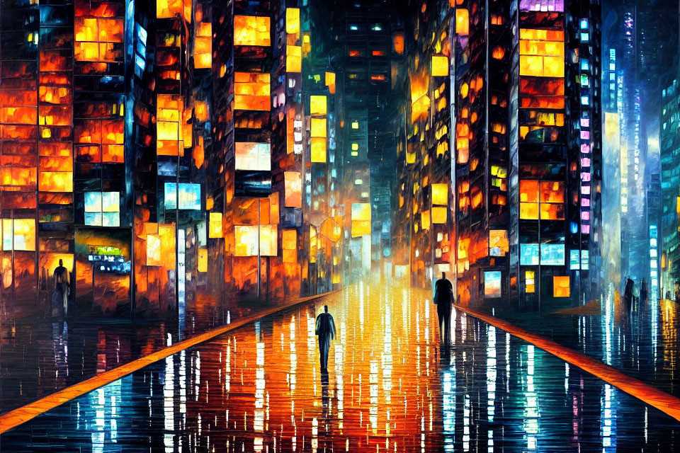 Colorful cityscape painting featuring pedestrians and high-rise buildings at night