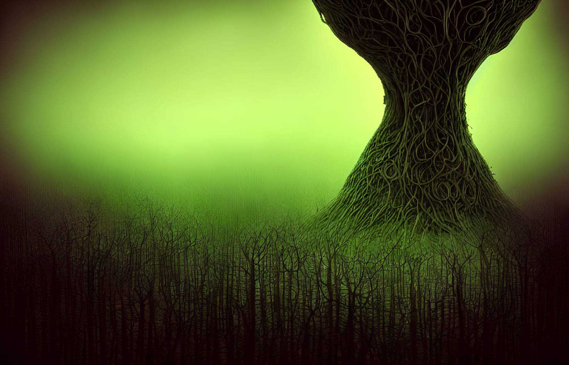 Mystical oversized tree with intricate branches in misty green forest