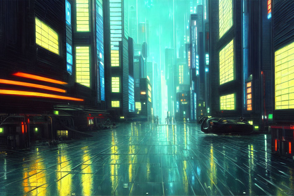 Futuristic city street with neon lights and skyscrapers in rain.