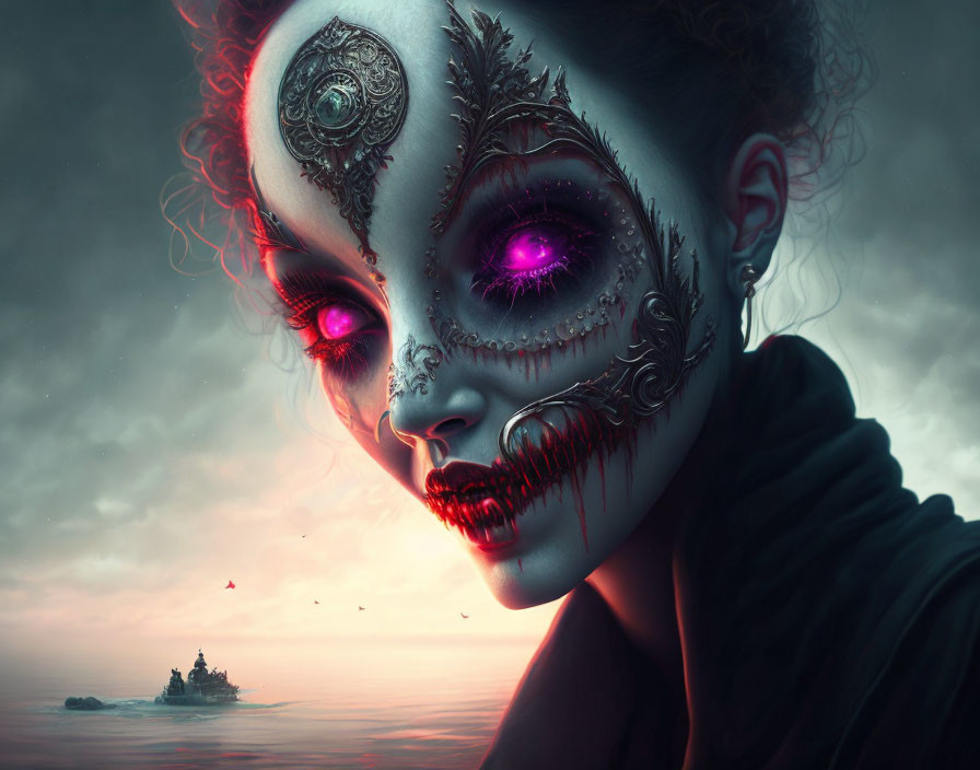 Woman with mechanical skull face paint and pink eyes against sunset seascape