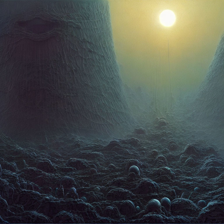 Mysterious landscape with fog, glowing sun, & web-like textures