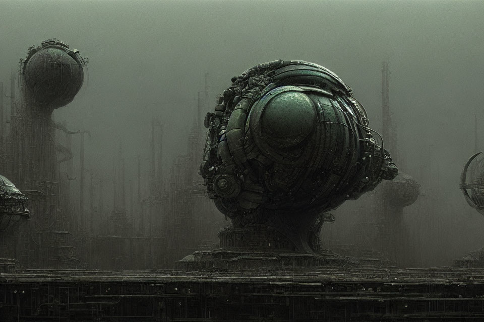 Dystopian landscape with mechanical spheres and skyscrapers in haze