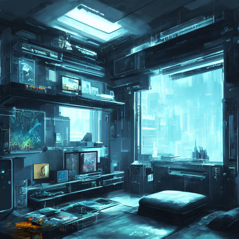 Futuristic room with multiple screens, blue tones, neon lights, and high-tech skyscrapers