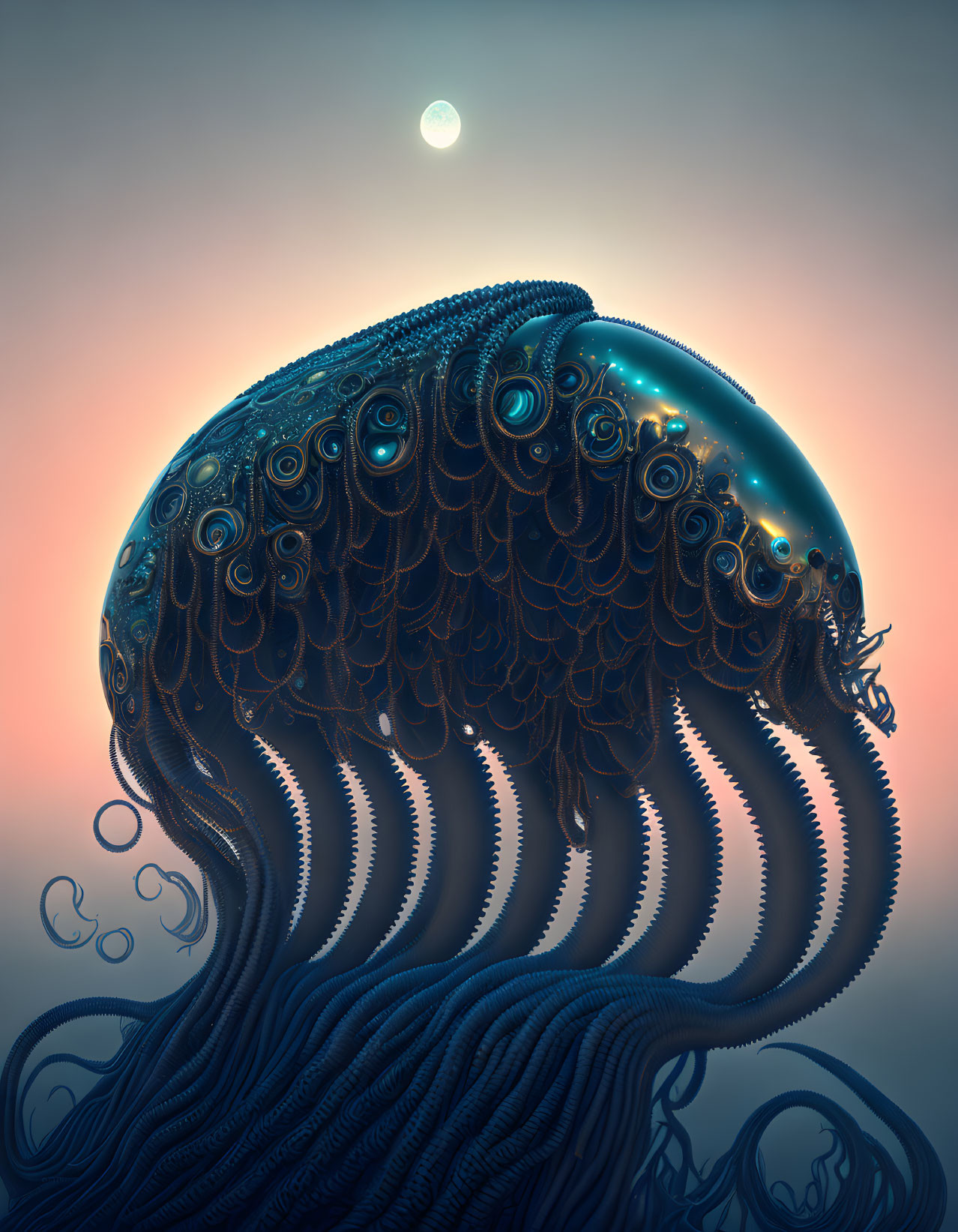 Ornate stylized jellyfish with intricate patterns and long tentacles on serene gradient sky