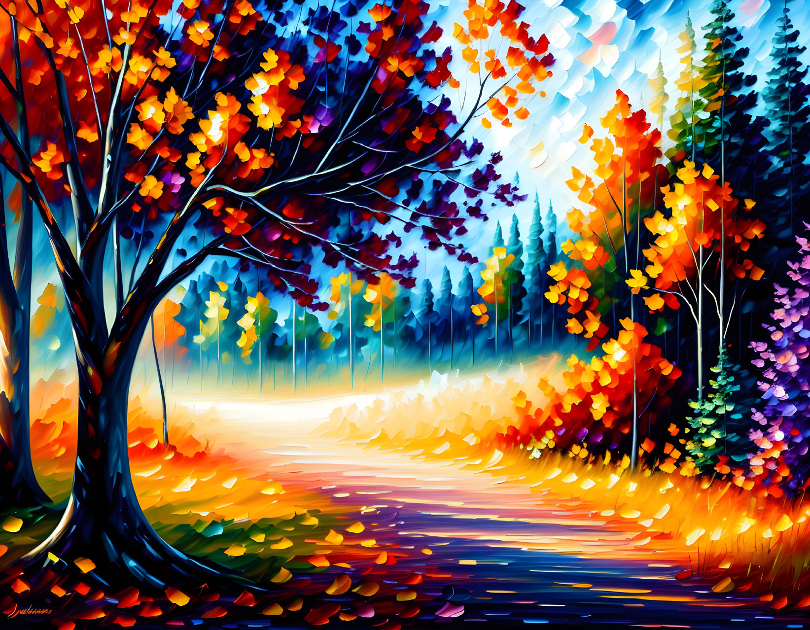 Colorful Autumnal Forest Painting with Path and Warm Leaves